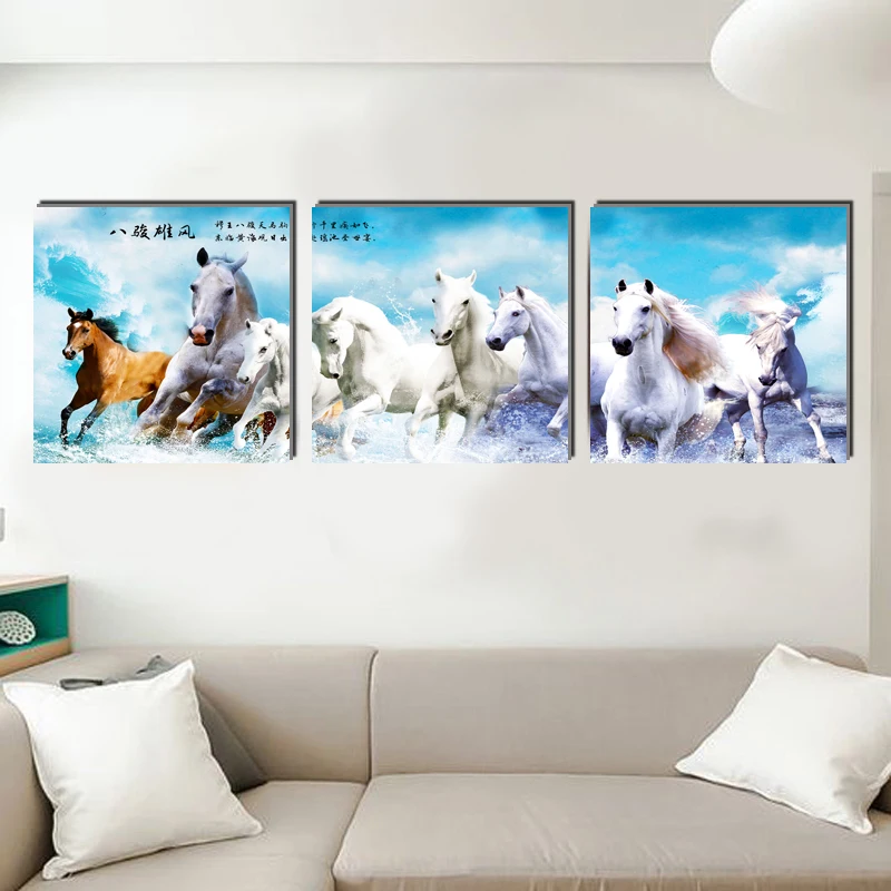 Horse animal Chinese style square canvas painting classical art prints 3 psc country wall pictures for bedroom lobby shop study | Дом и сад
