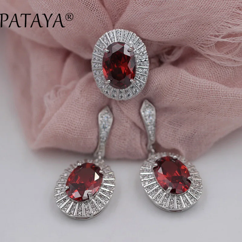 PATAYA, новинка, Овальный гранат, красный Природный Цирконий, большие серьги, наборы колец, Настоящее Белое золото, ювелирные изделия для женщин, Свадебный Модный комплект украшений