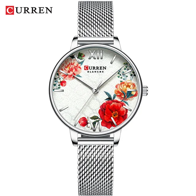 S silver white green Curren часы женские люксовый бренд очаровательные цветы женские наручные часы из нержавеющей стали золотые часы для женщин Montre Femme - Цвет: S silver white green