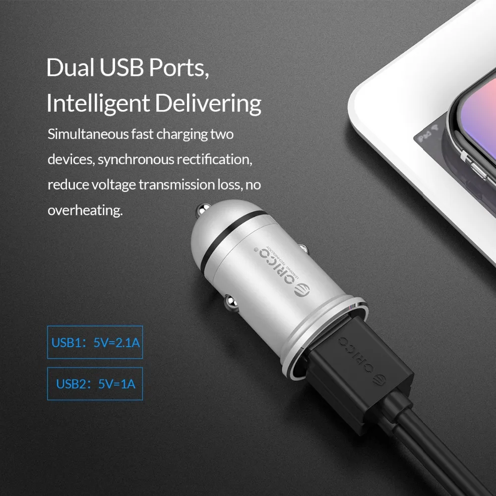 Автомобильное зарядное устройство ORICO Mini USB мобильный телефон 2 1 А быстрое с двумя