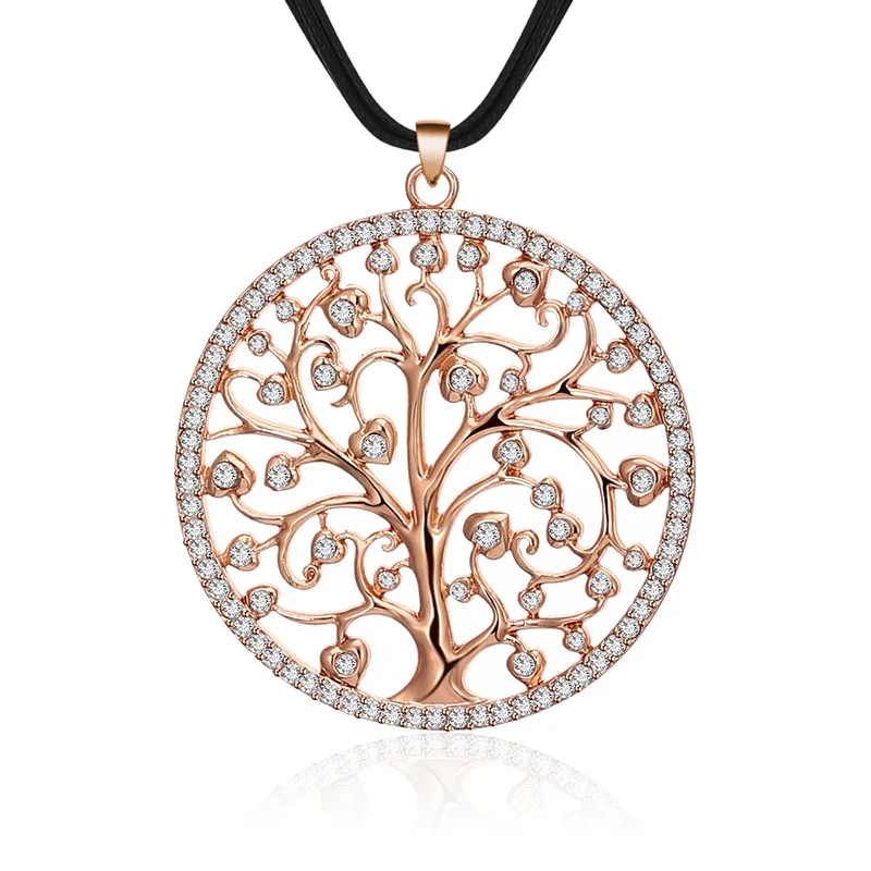 rose gold Большой круглый кулон «Древо жизни», ожерелье для женщин, длинное многослойное кожаное ожерелье, цепочка, ожерелье, s& кулоны, ювелирные аксессуары - Окраска металла: rose gold