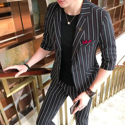 Slim Fit костюм для мужчин половина рукава белый красный в полоску черный 2 шт. Пром