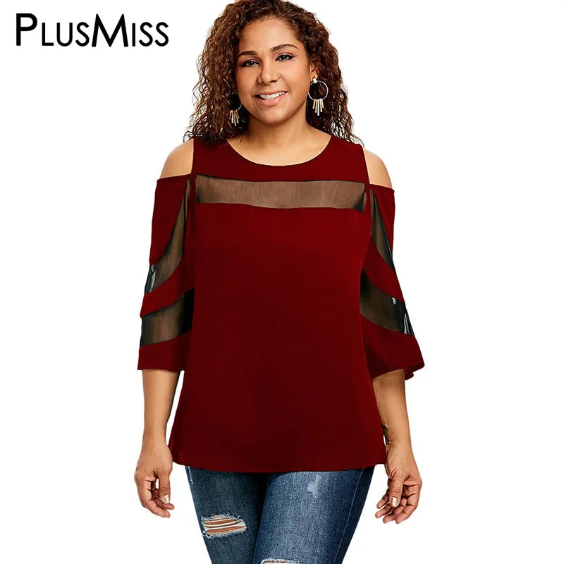 PlusMiss плюс Размеры 5XL 4XL сексуальное открытое плечо See Through футболки лето 2018 Для
