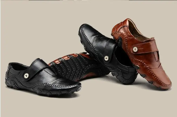 

Button Men's Casual Shoes Spring New Style Flats Genuine Leather Loafers Dress Shoes Breathable Seams Plus Size Moccasin Gommino