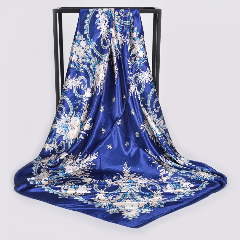 [BYSIFA] White Chinese Roses Women Silk Scarf Shawl 2018 Spring Autumn Satin Large Square Scarves Wraps Navy Blue Pink Grey Red| |