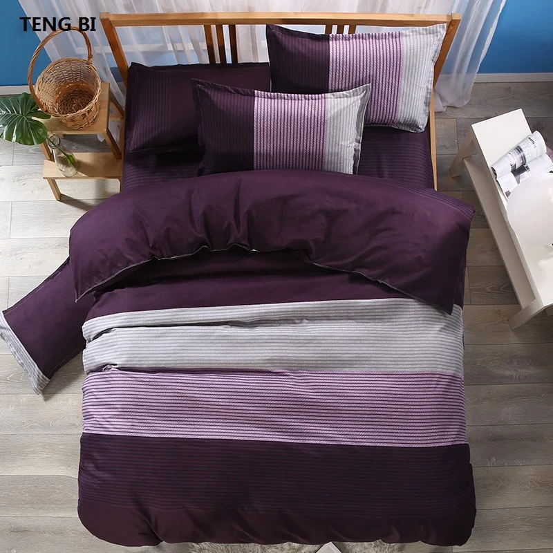 teng bi brand hot stripe simple fashion design bedding set reactive printing black purple design king queen full twin szie free global shipping