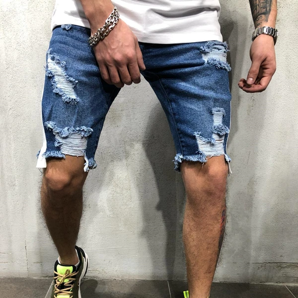 

Fashion Side Stripe Shorts Jeans For Men Ripped Hole Male Short Denim Pants Summer Slim Casual Streetwear Short Blue Jeans 3XL