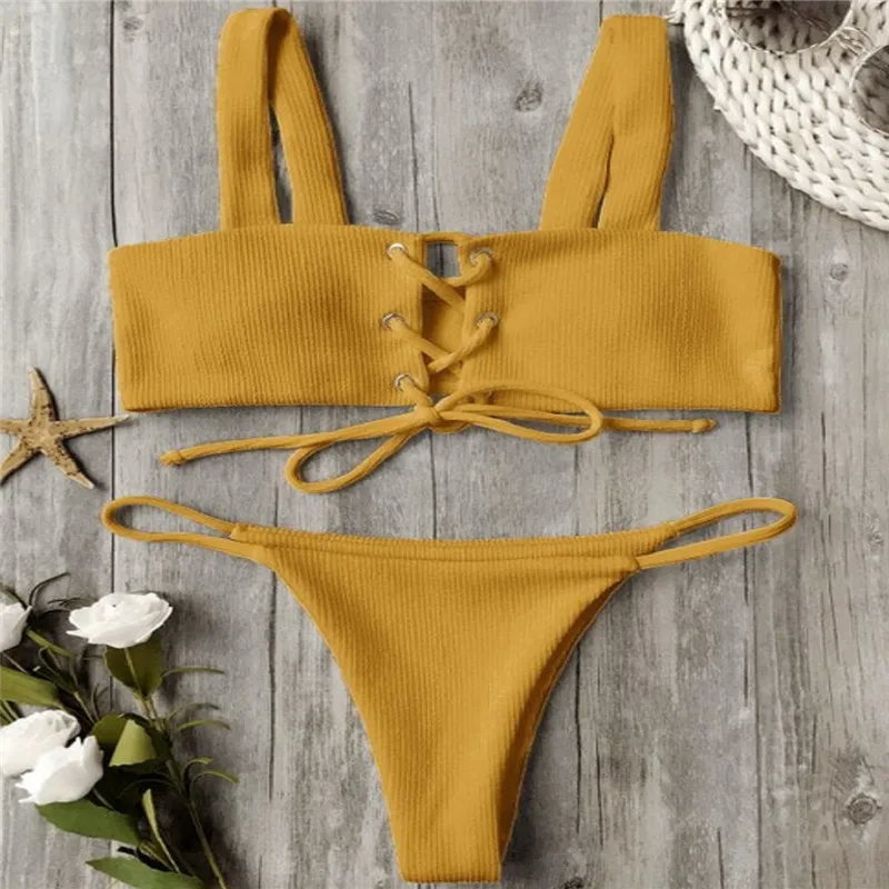 Новинка 2019 летний женский бандажный комплект бикини со средней талией