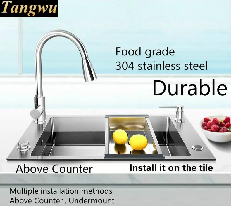 Free shipping Apartment luxury push button drainer kitchen manual sink single trough stretch faucet 304 stainless steel 70x41 CM |