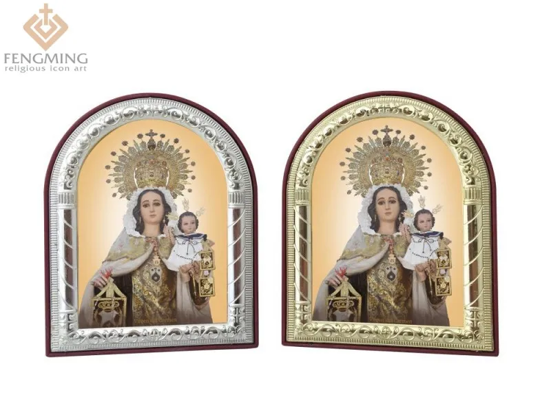 Может на заказ Христианский Религиозный католический образ Virgen del Carmen оптом металлическая рамка серебро золото на пластике крещение подарки