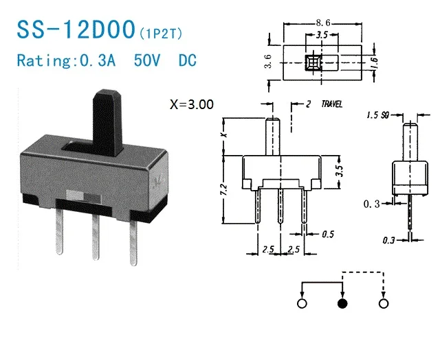 50 шт. ВКЛ ВЫКЛ мини 1P2T SPDT 1 способ 2 полосный скользящий переключатель PCB крепление