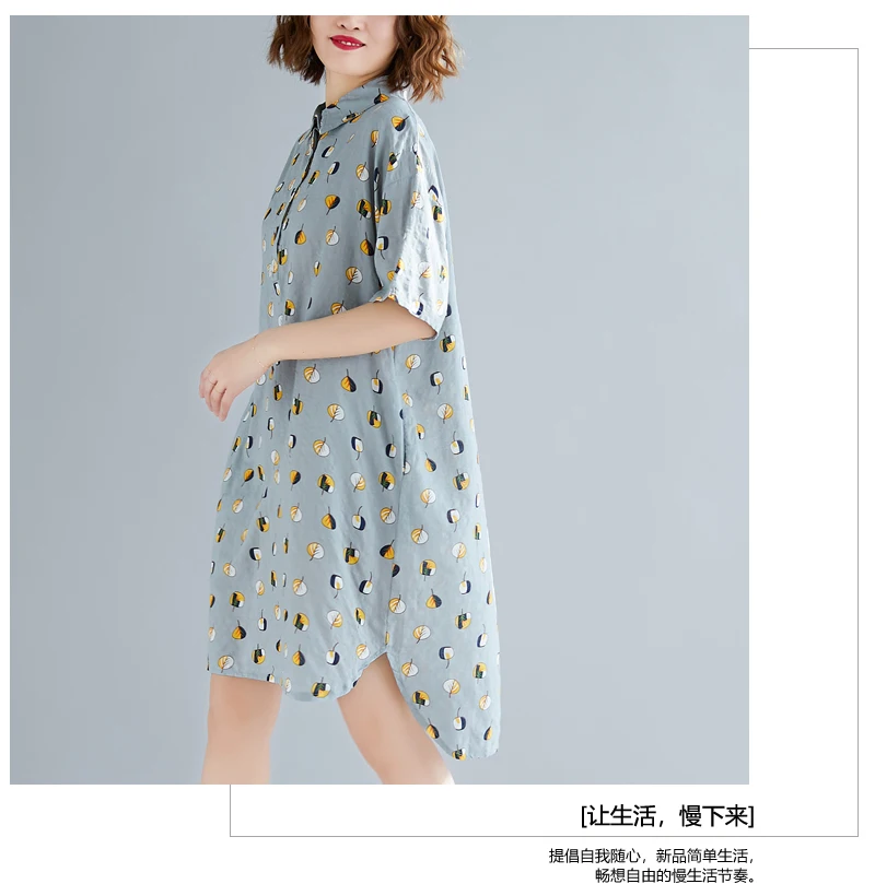 Women Casual Asymmetrical hem Cotton Linen Leaves Print Plus Size Blouse 2019 Summer Mid-Long Turn-down Collar Long Tunic shirt | Женская