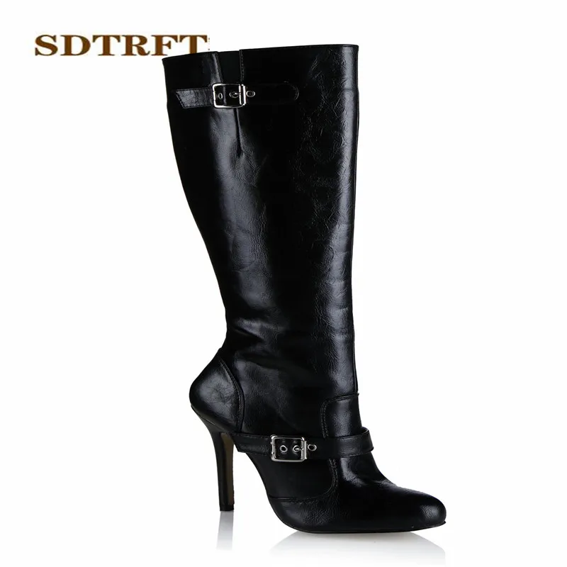 SDTRFT Winter Stilettos 12cm thin heels Knee-High boots Pointed Toe shoes Woman Crossdresser Botas Buckle pumps Plus:35-42 43 | Обувь