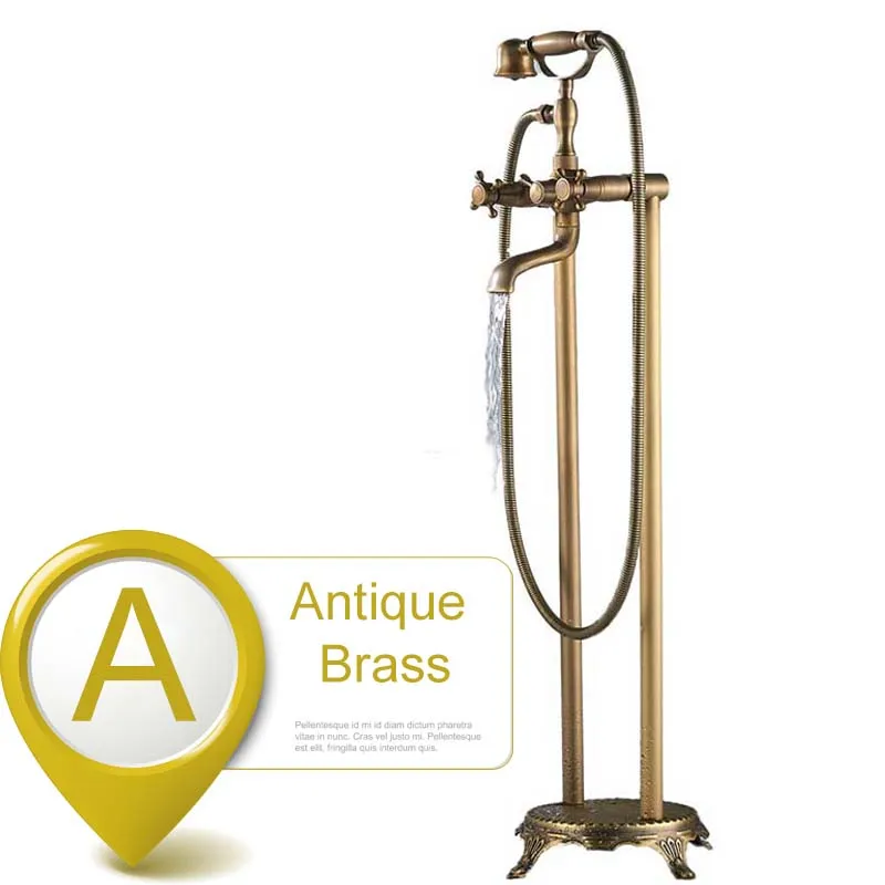 Antique Brass A Латунный античный кран с двумя перекрестными ручками для ванной, отдельно стоящий напольный кран для ванной, кран для ванной, наполнитель с ручным душа - Цвет: Antique Brass A