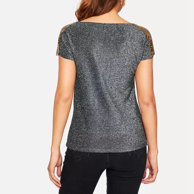 S-XL Women's Summer Slim Short Sleeve Shoulder Sequins Decorative Bright Silk T-Shirt Nightclub Tops Simple and Stylish | Женская