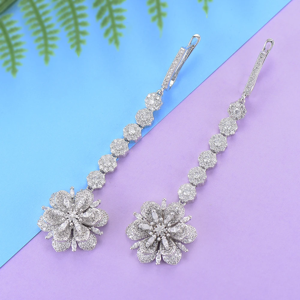 GODK 80MM Luxury Flower Long Dangle Earrings For Women Wedding Full Micro Cubic Zircon Crystal CZ Dubai Bridal Big Drop | Украшения и