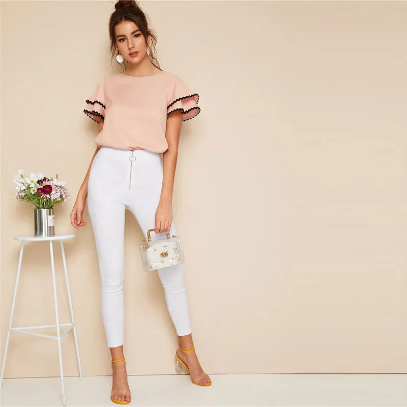 SHEIN розовая контрастная волнистая кружевная отделка, многослойная женская блузка с рюшами на рукавах, топ, летняя однотонная Повседневная блуза с круглым вырезом и коротким рукавом