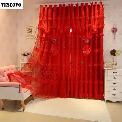 2PCS Red Roses Embroidered Wedding Lace Curtains Finished Customization Princess For Living Room Bedroom lace Curtain | Дом и сад