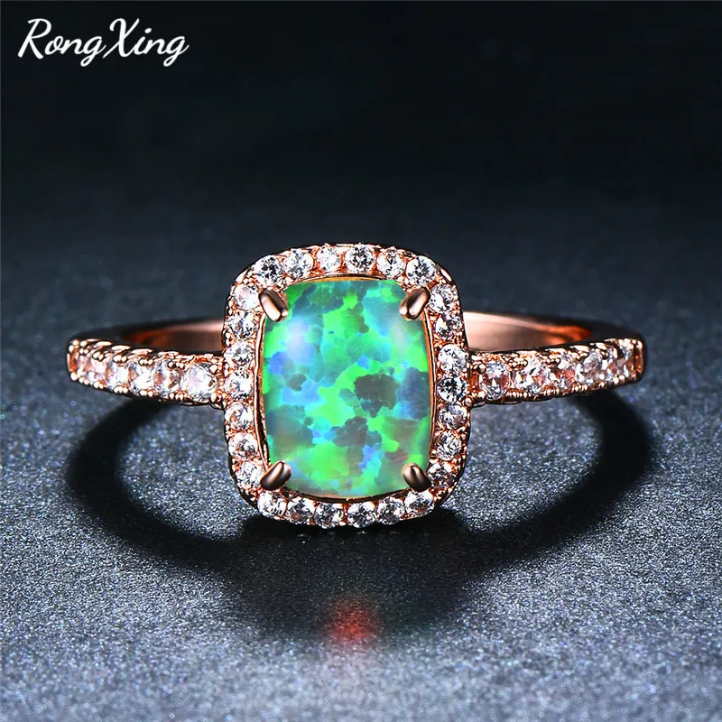 RongXing Blue/Green/White Fire Opal Square Rings For Women Rose Gold Filled Rainbow Stone Zircon Birthstone Ring Jewelry RR0090 | Украшения