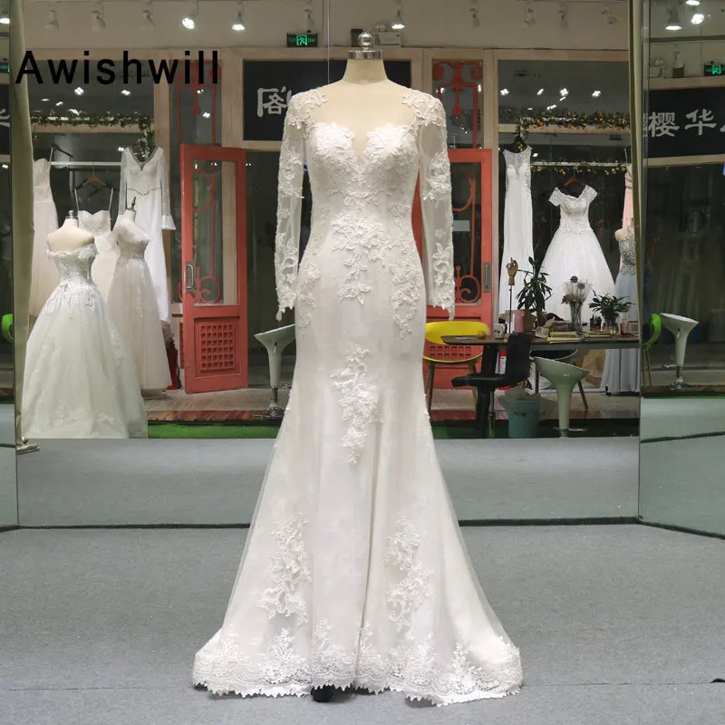 

Прозрачная задняя часть элегантное кружевное свадебное платье с длинными рукавами Русалка Свадебные платья со шлейфом Vestido de Noiva реальные ф...