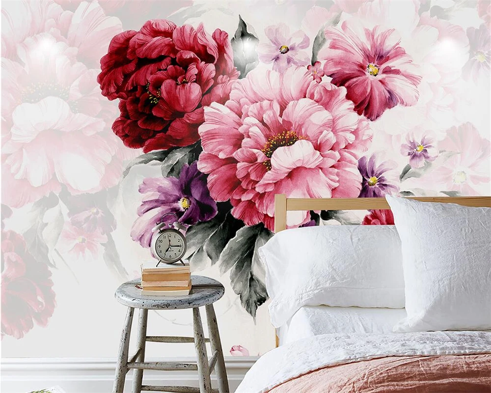 Beibehang Настенная краска по индивидуальному заказу, акварельная ручная роспись цветочный модный современный гостиная диван кровать телевизор фоновая стена 3D.
