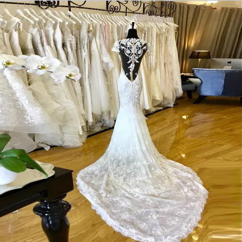 Фото Реальное изображение моды Vestido de noiva Короткие рукава Русалка Свадебные Реальное изображение моды Vestido de noiva Короткие рукава Русалка Свадебные