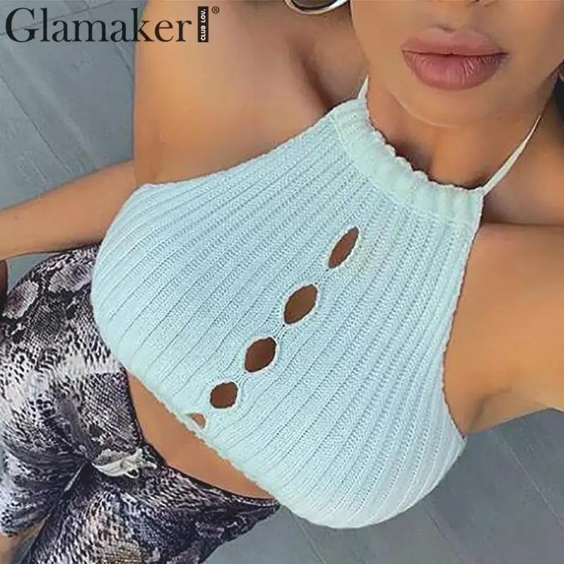 Женский укороченный топ с открытой спиной Glamaker вязаный летний сексуальный на
