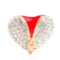 funmor zipper red love heart brooches crystal rhinestone enamel costume jewelry shirt suit collar clip women men party brooch