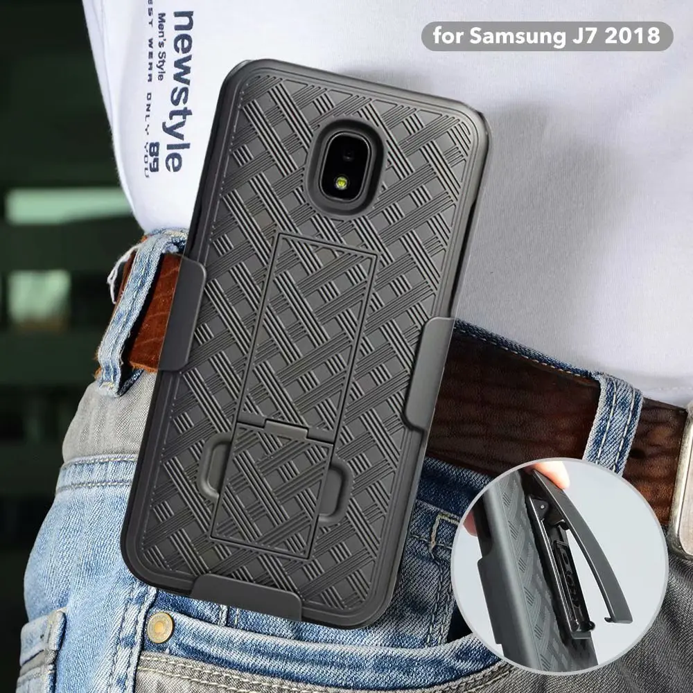 Woven 2 in 1 Hybrid Hard Shell Holster Combo Case With Kickstand &amp Belt Clip For Samsung Galaxy J7 2018/J7 Aero/J7 Star/J7 Top |