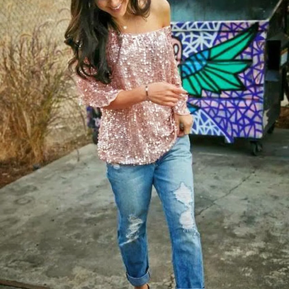 Fashion Women Sexy Loose Off Shoulder Sequin Glitter Blouses Summer Casual Shirts Vintage Streetwear Party Tops | Женская одежда