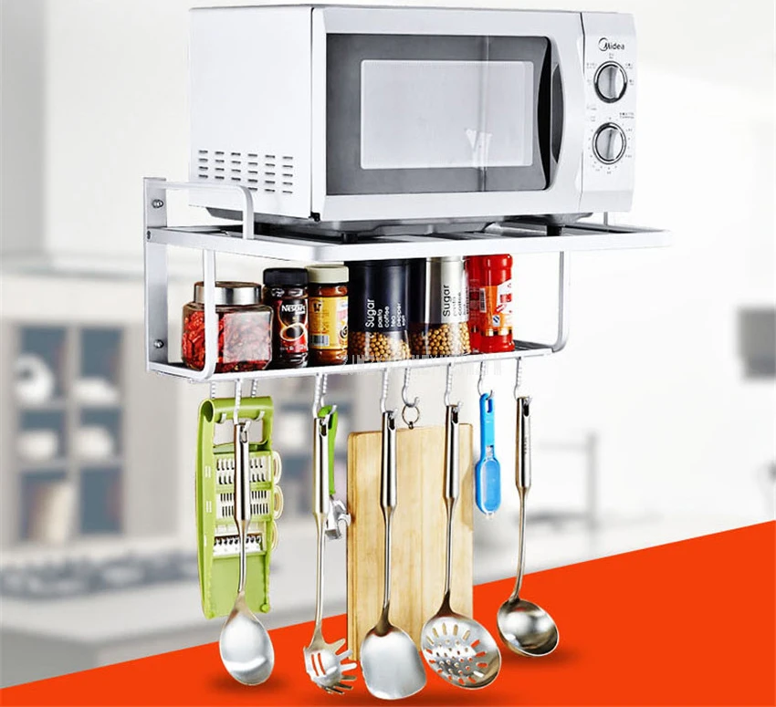 Solid Aluminum Alloy 2 Layer Kitchen Shelf Rack Support Frame Microwave Oven Wall Mount Shelf Bracket Silver Load weight 150kg