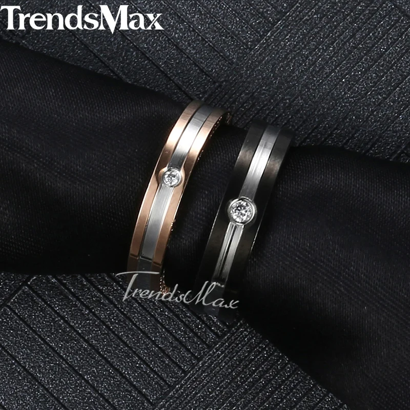 Trendsmax парные кольца, розовое золото, черное серебро, тон, нержавеющая сталь, БУКВЕННОЕ кольцо, обручальное кольцо, проложенное прозрачным CZ, размер США 6-12 KKRM38