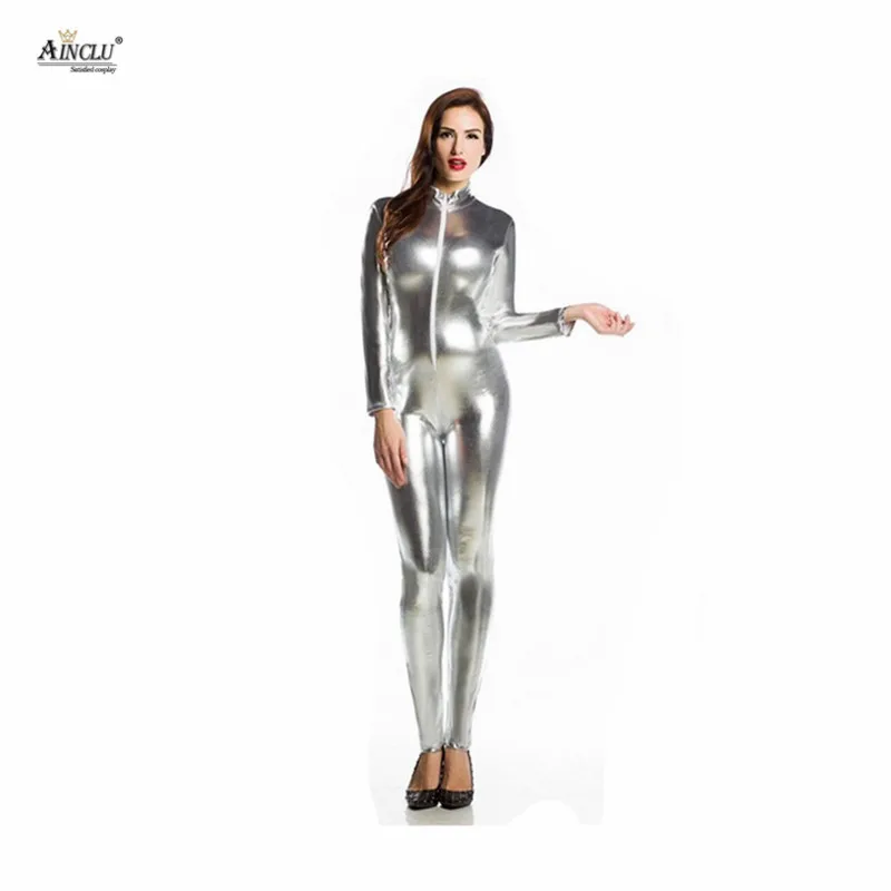 Ainclu комбидресс из спандекса блестящий сексуальный Серебряный Zentai для взрослых и