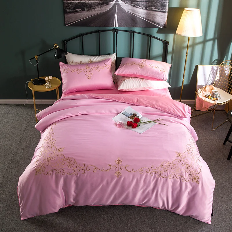 

washed silk cotton AB sides Embroidered bedding set silky bedcloth classic Duvet cover bed sheet pillowcases 4pcs Queen King