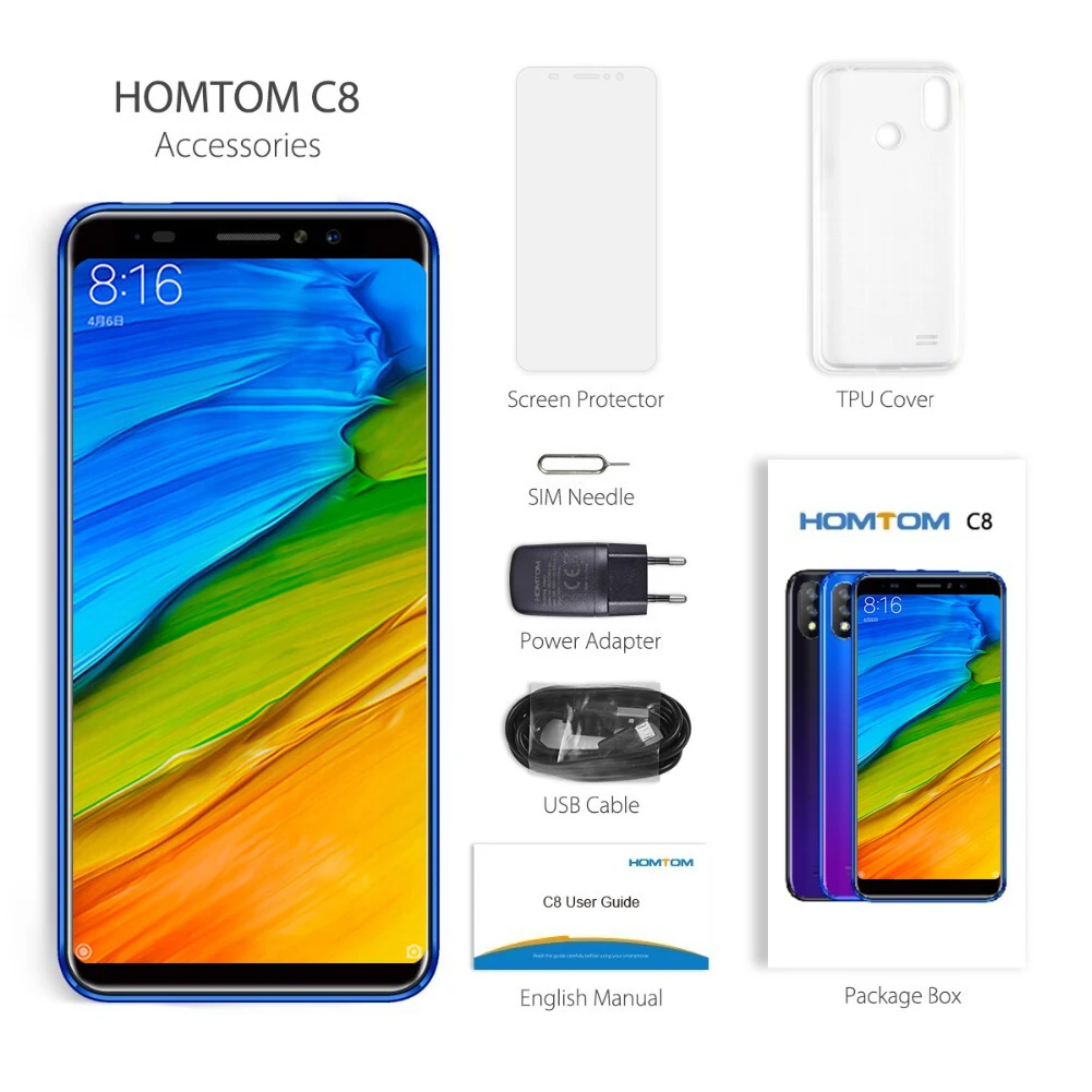 HOMTOM C8, 5,5 дюймов, Android 8,1, четырехъядерный процессор, 2 Гб ОЗУ, 16 Гб ПЗУ, мобильный телефон, Face Id, 13 МП, две камеры, две sim-карты, сотовый телефон, 4g, Lte, смартфон