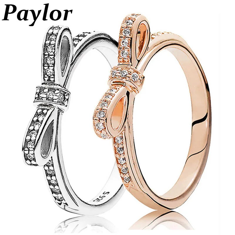 Розовое золото Цвет Серебряный сверкающий лук узел StackableBrand кольцо Micro Pave