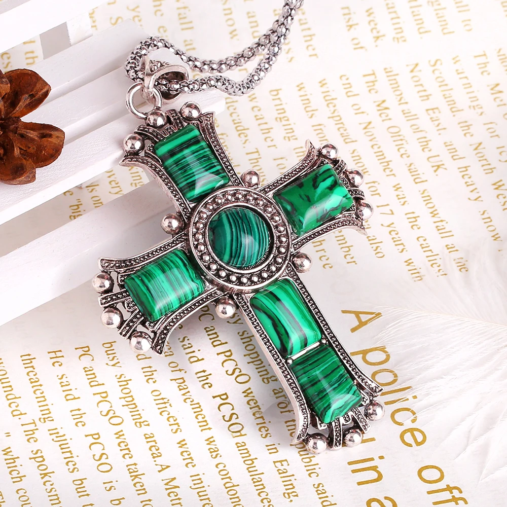 Ретро зеленый каменный крест кулон ожерелье серебряная цепь большой для женщин