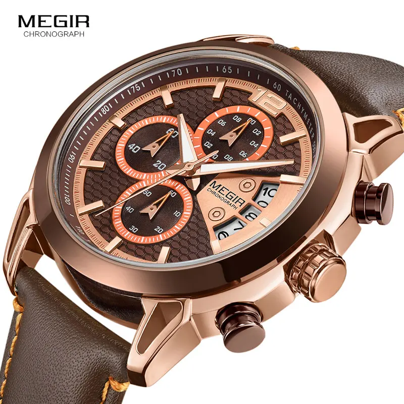 

Кварцевые часы-хронограф цвета розового золота для Maen, кожаный ремешок, армейские Спортивные Повседневные часы с секундомером, мужские час...