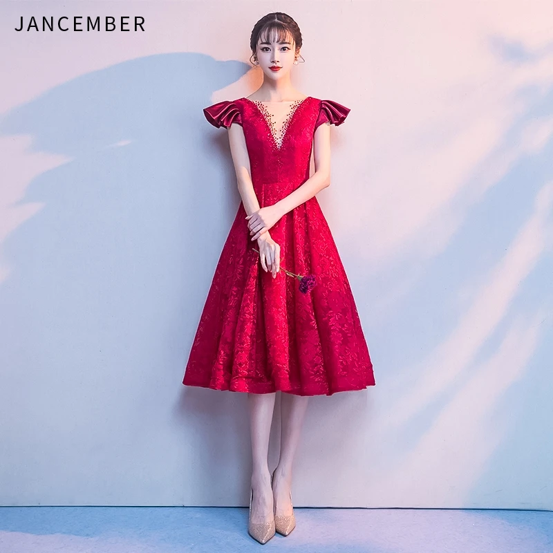 JANCEMBER короткие платья для выпускного вечера кружевные Красные Простые с глубоким