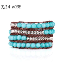fyla mode fashion bracelets wrapped 4 laps created aquamarine beads brown rope women braided twine armbanden voor vrouwen gift