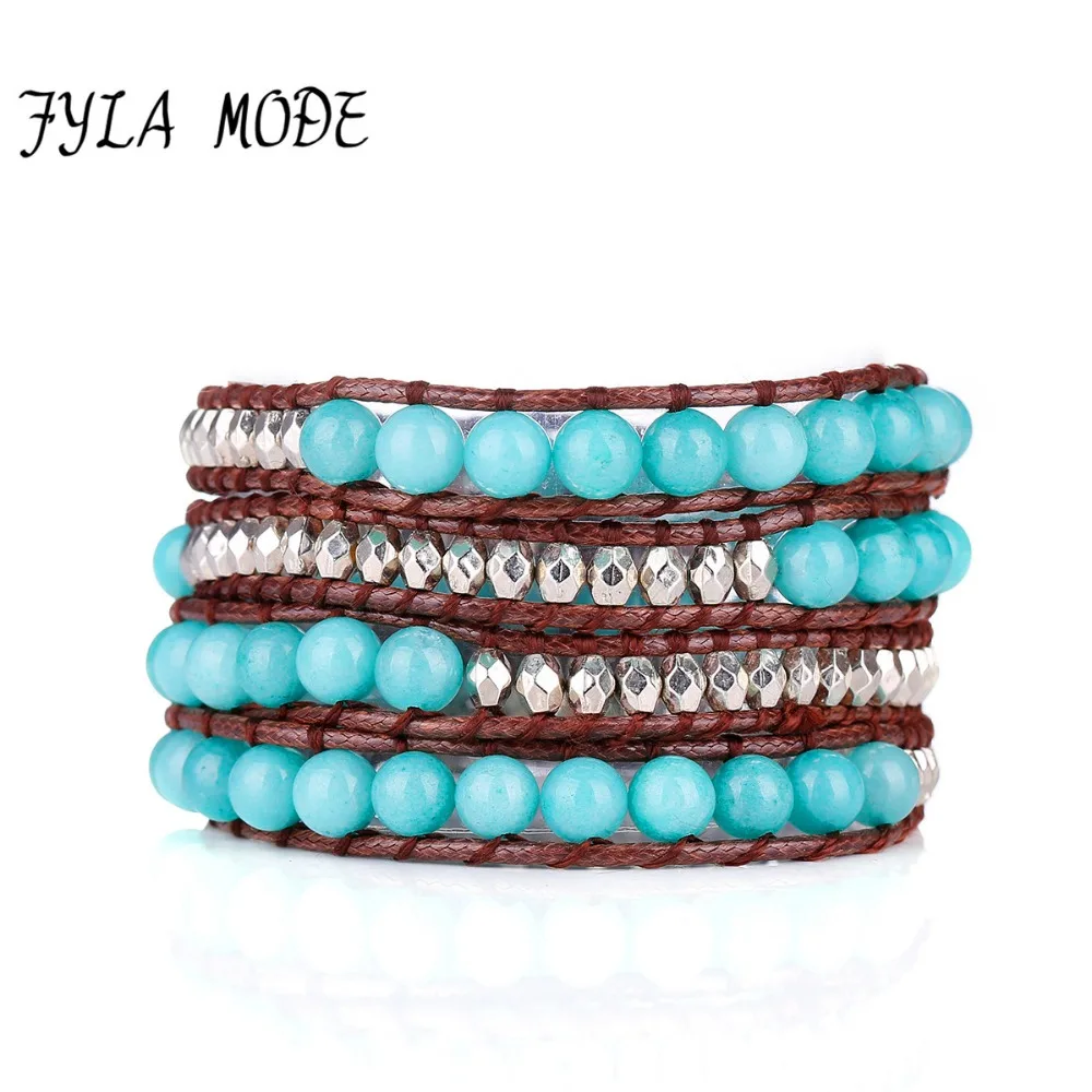 Модные браслеты Fyla Mode 4 кругов женские плетеные коричневого цвета с бусинами