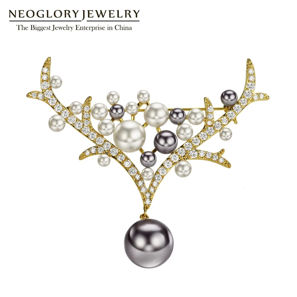 Neoglory серый и белый искусственный жемчуг булавки циркония Броши с оленьими рогами для женщин Рождество модные ювелирные изделия вечерние подарки