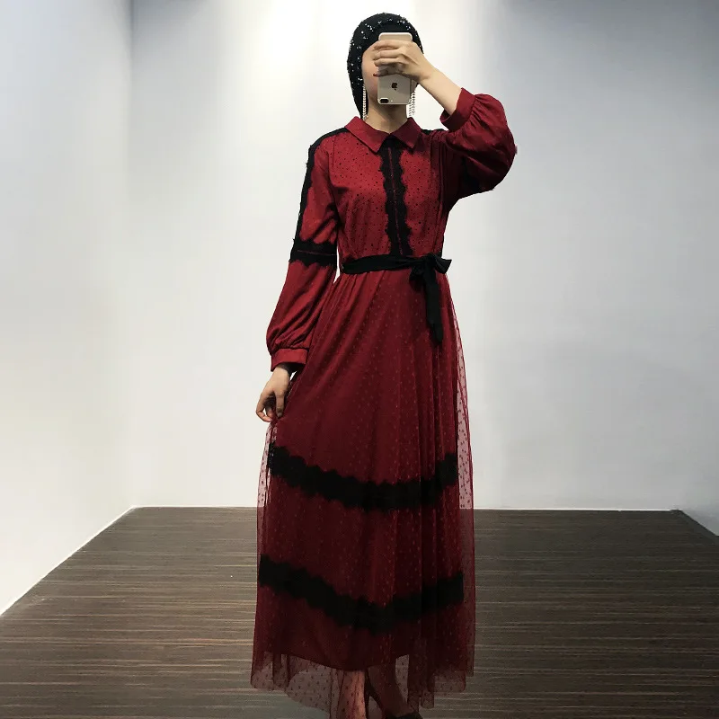 Kantor Wanita Musim Semi Patchwork Renda Ramadan Wanita Muslim Gaun Malaysia Indonesia Wanita Merah Gaun Kasual Pakaian Y25