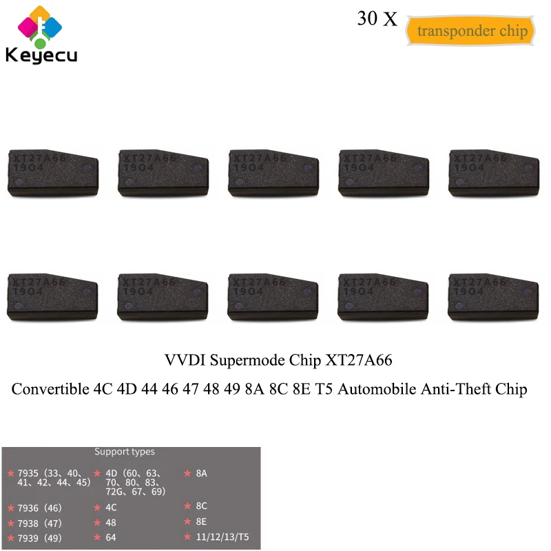 

KEYECU 30PCS/Lot Replacement VVDI Supermode Chip XT27A66 Convertible 4C 4D 44 46 47 48 49 8A 8C 8E T5 Automobile Anti-Theft Chip