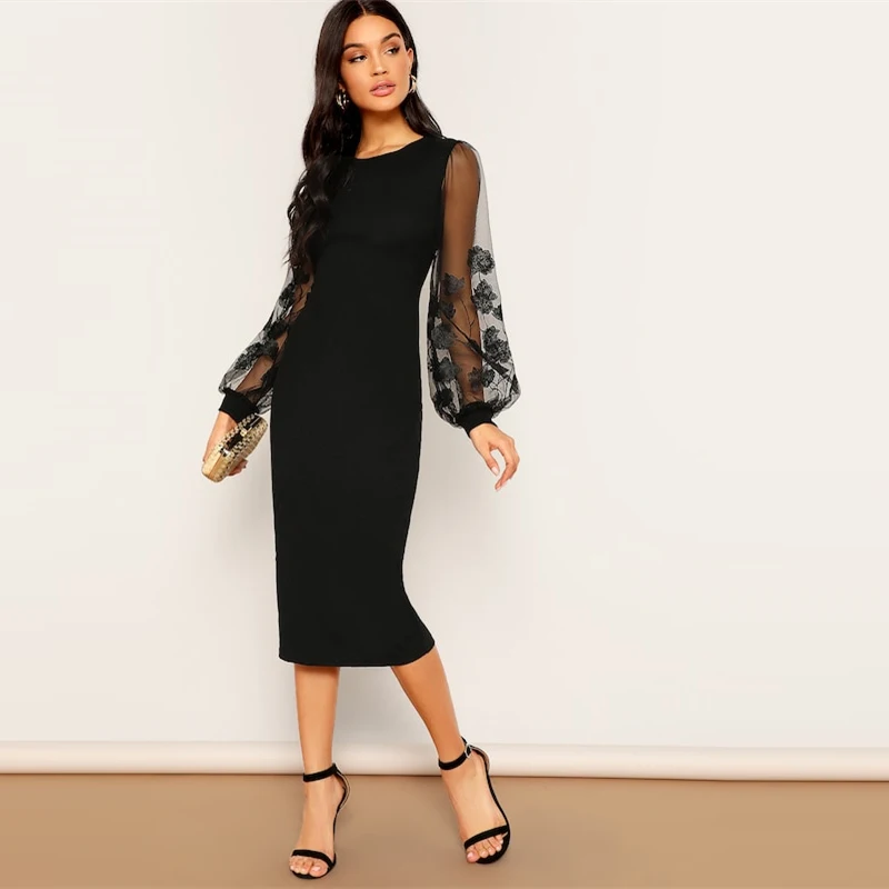 SHEIN Приталенное Платье С Оригинальным Рукавом И Сетчатой Вставкой Эластичные Женские Осенние Платья С Вышивкой