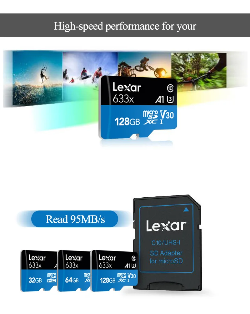 Lexar 128 Гб картой Micro SD объемом 16 Гб оперативной памяти, 32 Гб встроенной памяти, флеш-карты памяти TF высокого Скорость до максимума 95 МБ/с. 64 ГБ 512 Class10 633x TF флеш-карта