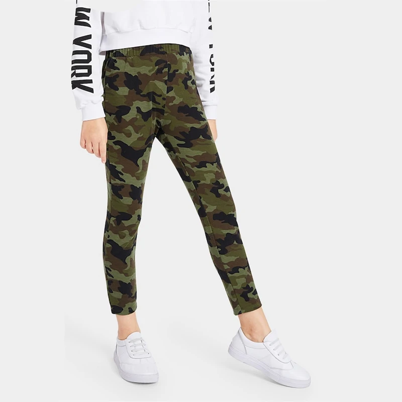 SHEIN Kiddie эластичный пояс камуфляж печати повседневные штаны для девочек мода уличная прямые брюки девушка леггинсы Дети брюки
