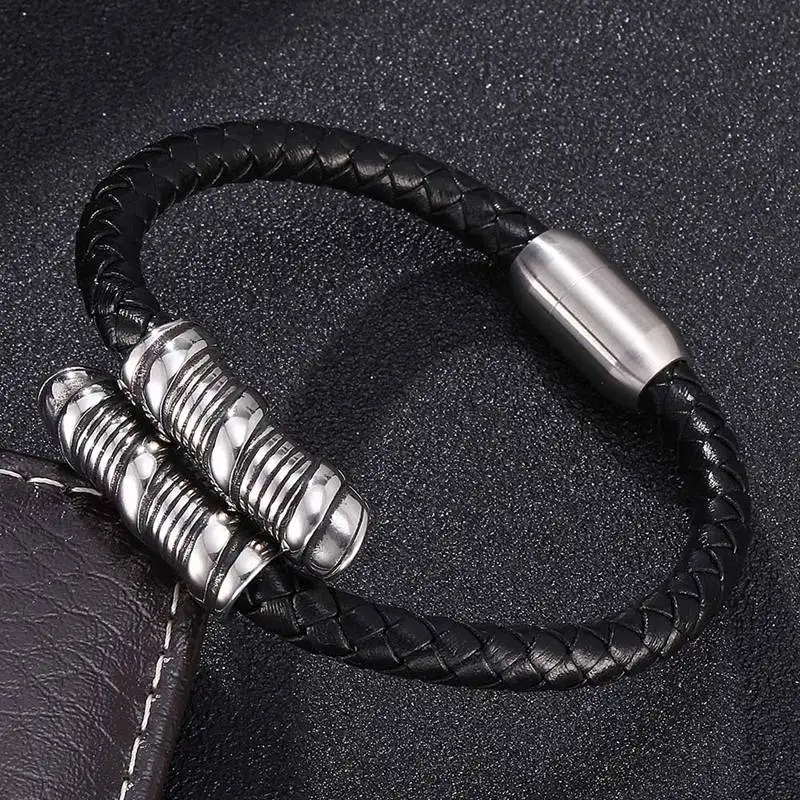 

Fashion Men Bracelet Charms Spiral Stainless Steel Magnetic Buckle Bracelet Black Leather Punk Men's Wrist band Gifts BB772