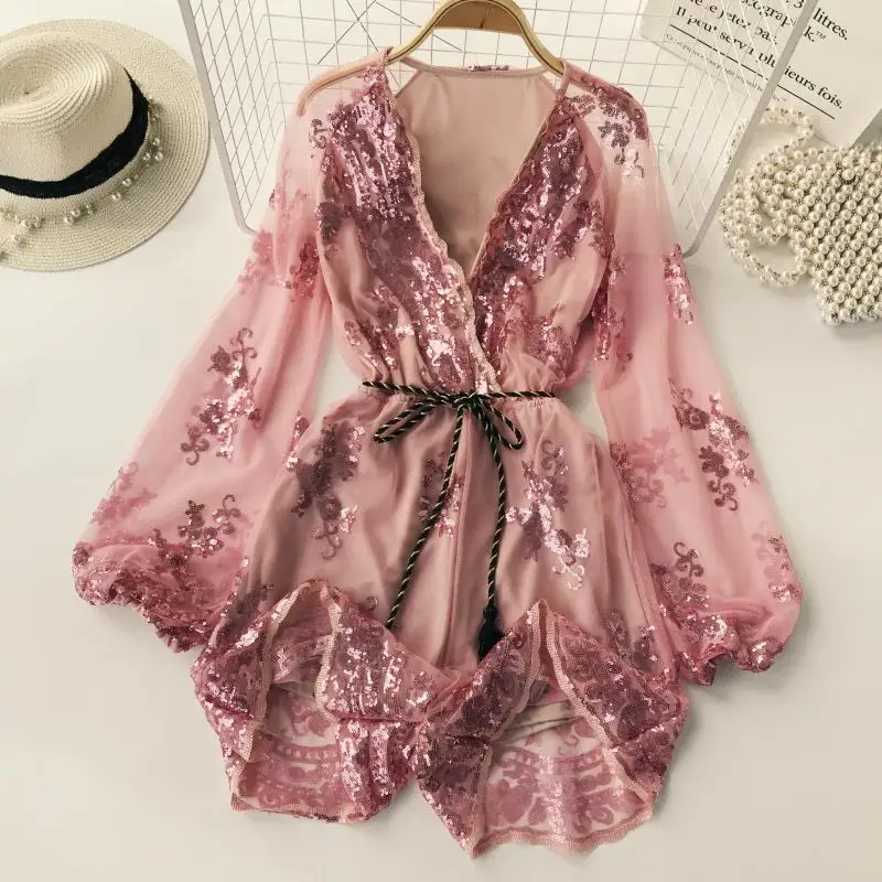 pink Женские весенне-летние сетчатые комбинезоны с блестками и бусинами, женские винтажные шорты с высокой талией и широкими штанинами, пляжный комбинезон для отпуска, TB1079 - Цвет: pink