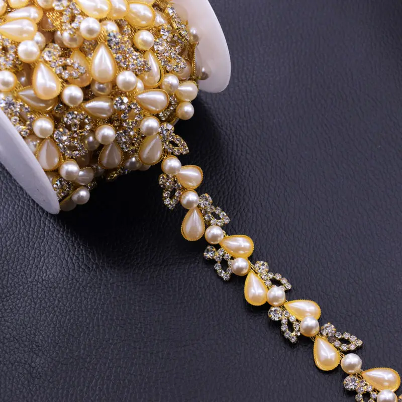 

CuiEr 5yards Beige drip Pearl Rhinestone Sew on Trimmings Gold plated Bridal Wedding dress Decoration Rhinestones